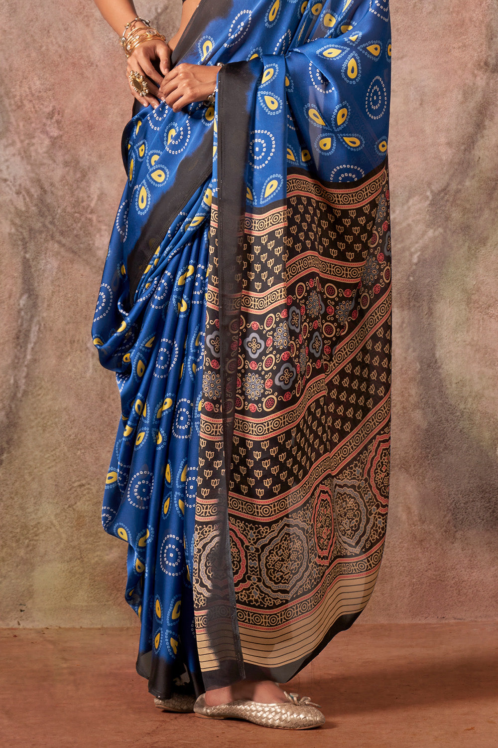 Navy Blue Ajrakh Print Satin Georgette Saree With Blouse