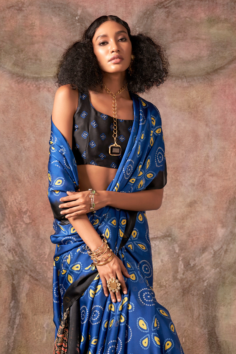 Navy Blue Ajrakh Print Satin Georgette Saree With Blouse