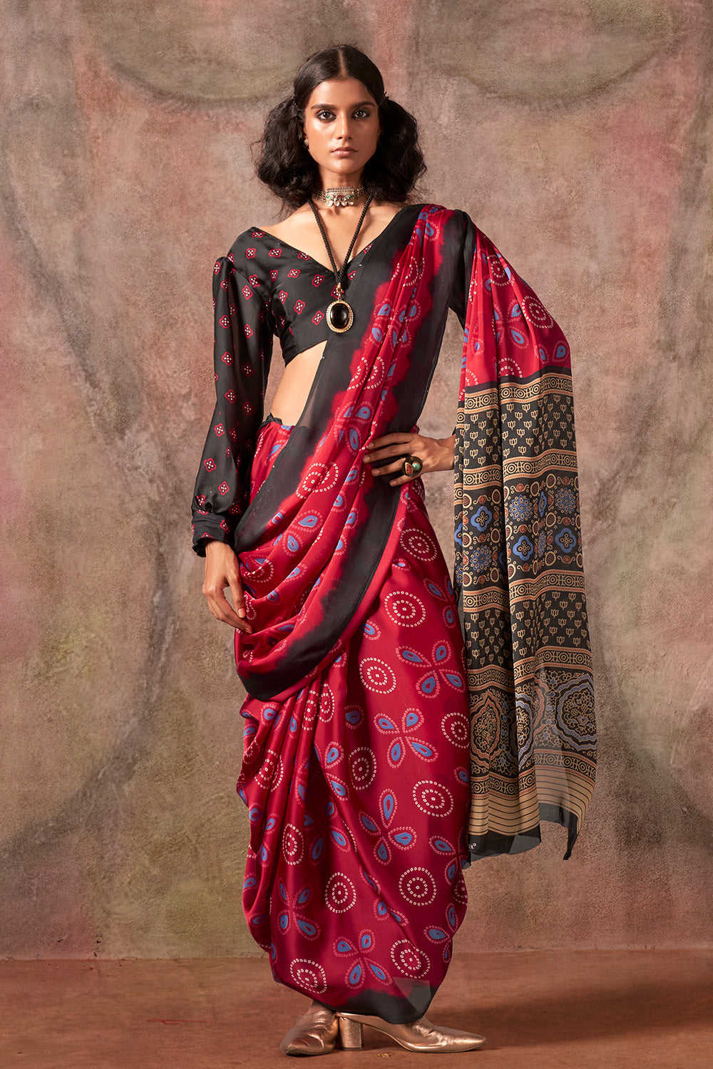 Black Red Ajrakh Print Satin Georgette Saree With Blouse