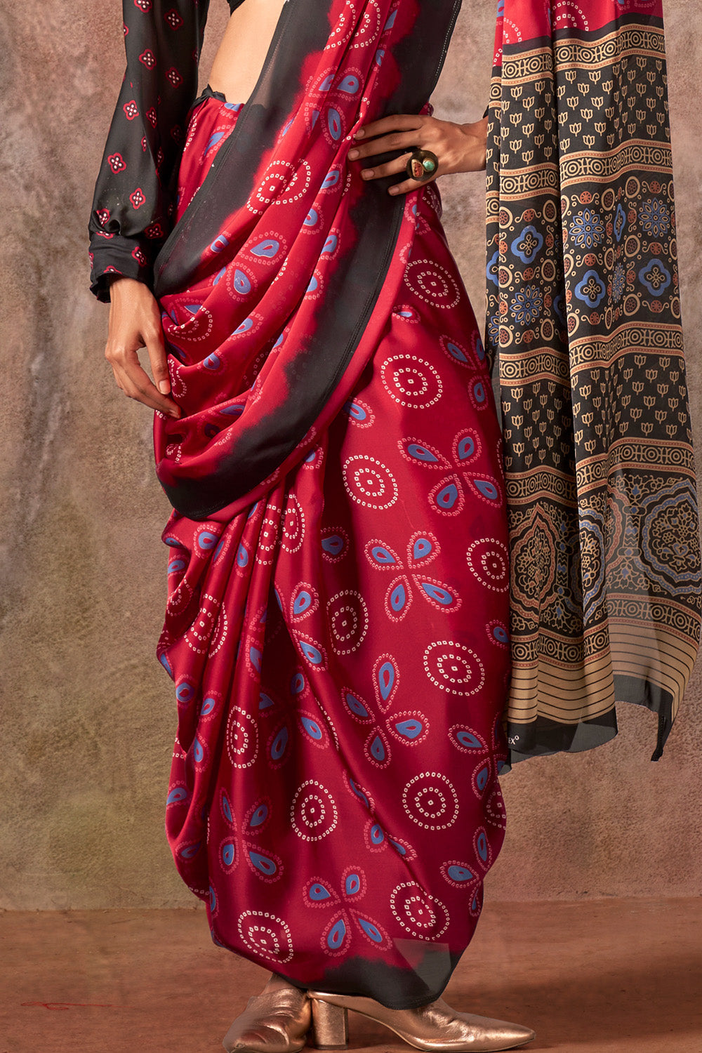 Black Red Ajrakh Print Satin Georgette Saree With Blouse