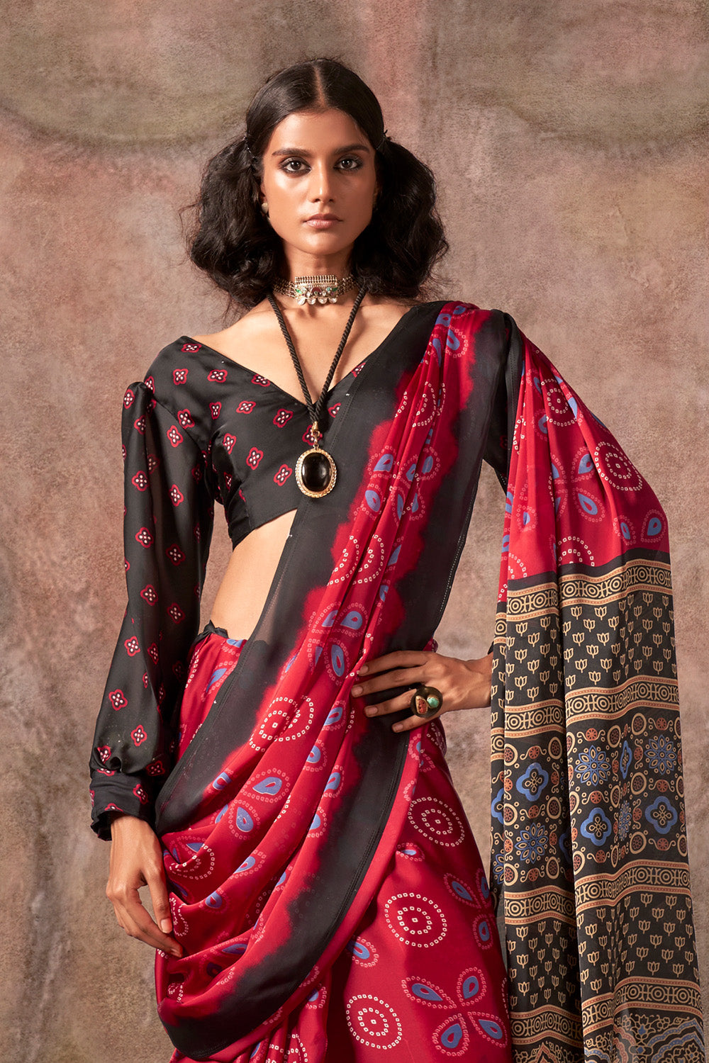 Black Red Ajrakh Print Satin Georgette Saree With Blouse