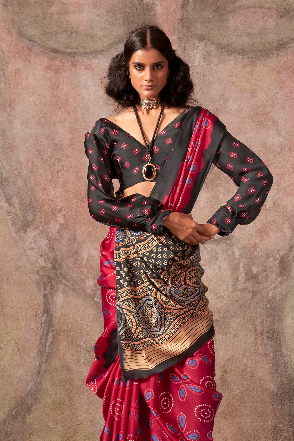 Black Red Ajrakh Print Satin Georgette Saree With Blouse