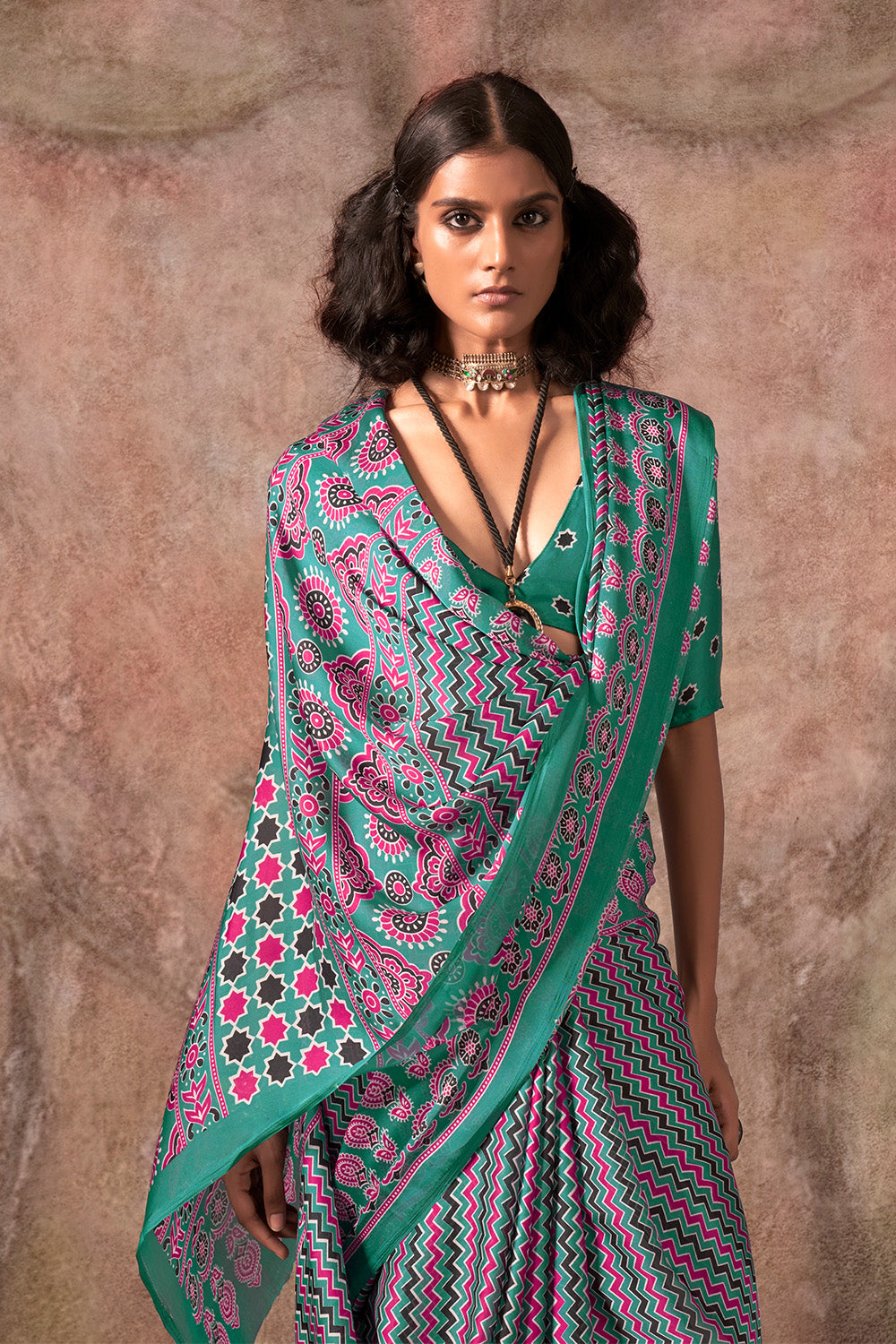 Green Ajrakh Print Satin Georgette Saree With Blouse