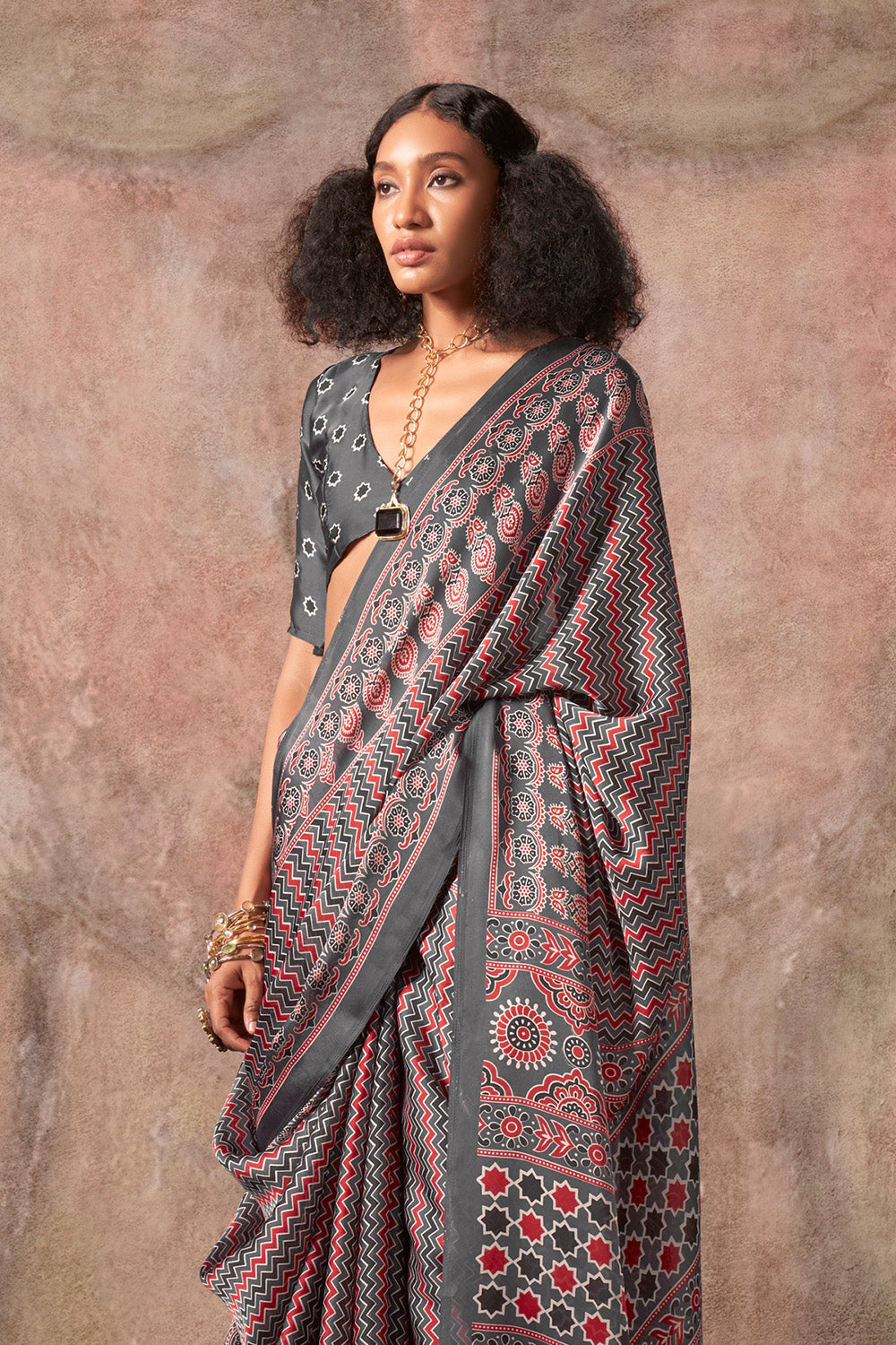 Multicolor Ajrakh Print Satin Georgette Saree With Blouse