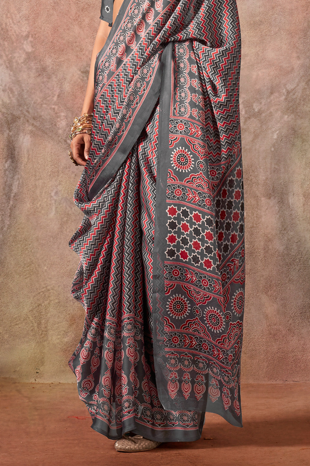 Multicolor Ajrakh Print Satin Georgette Saree With Blouse