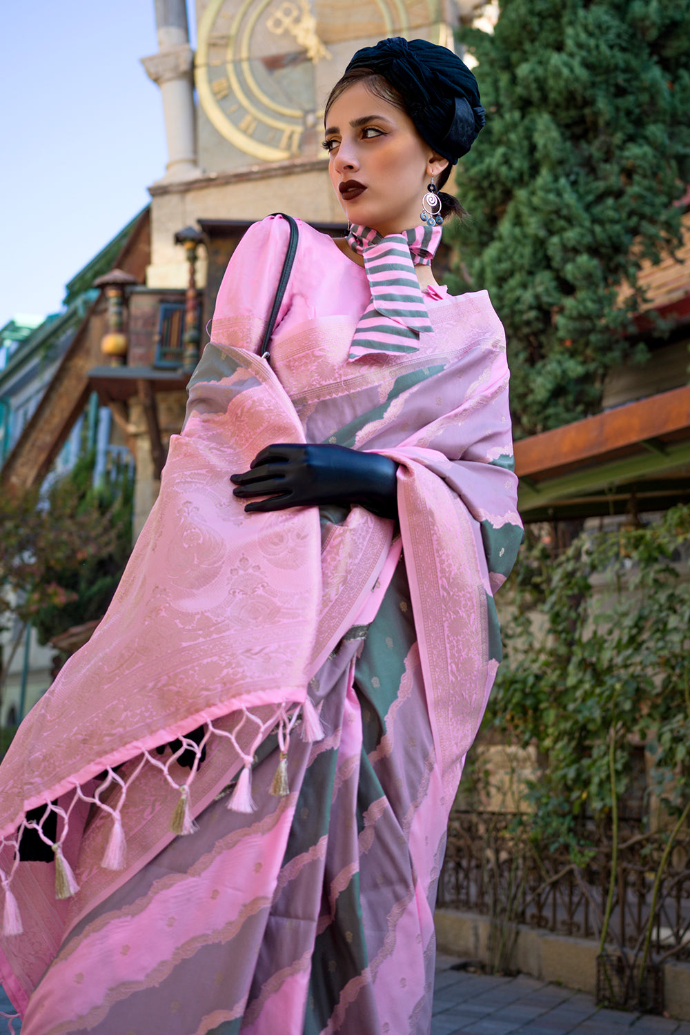 Multicolor Rangkaat Katan Saree With Pink Blouse