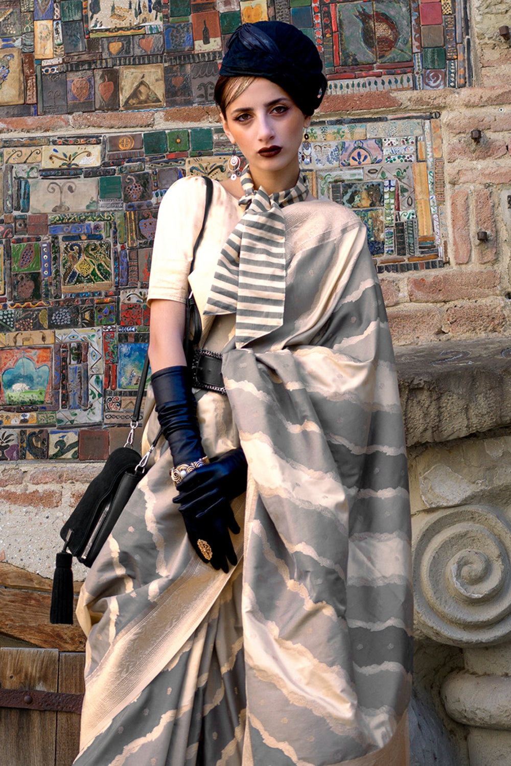 Multicolor Rangkaat Katan Saree With Grey Blouse