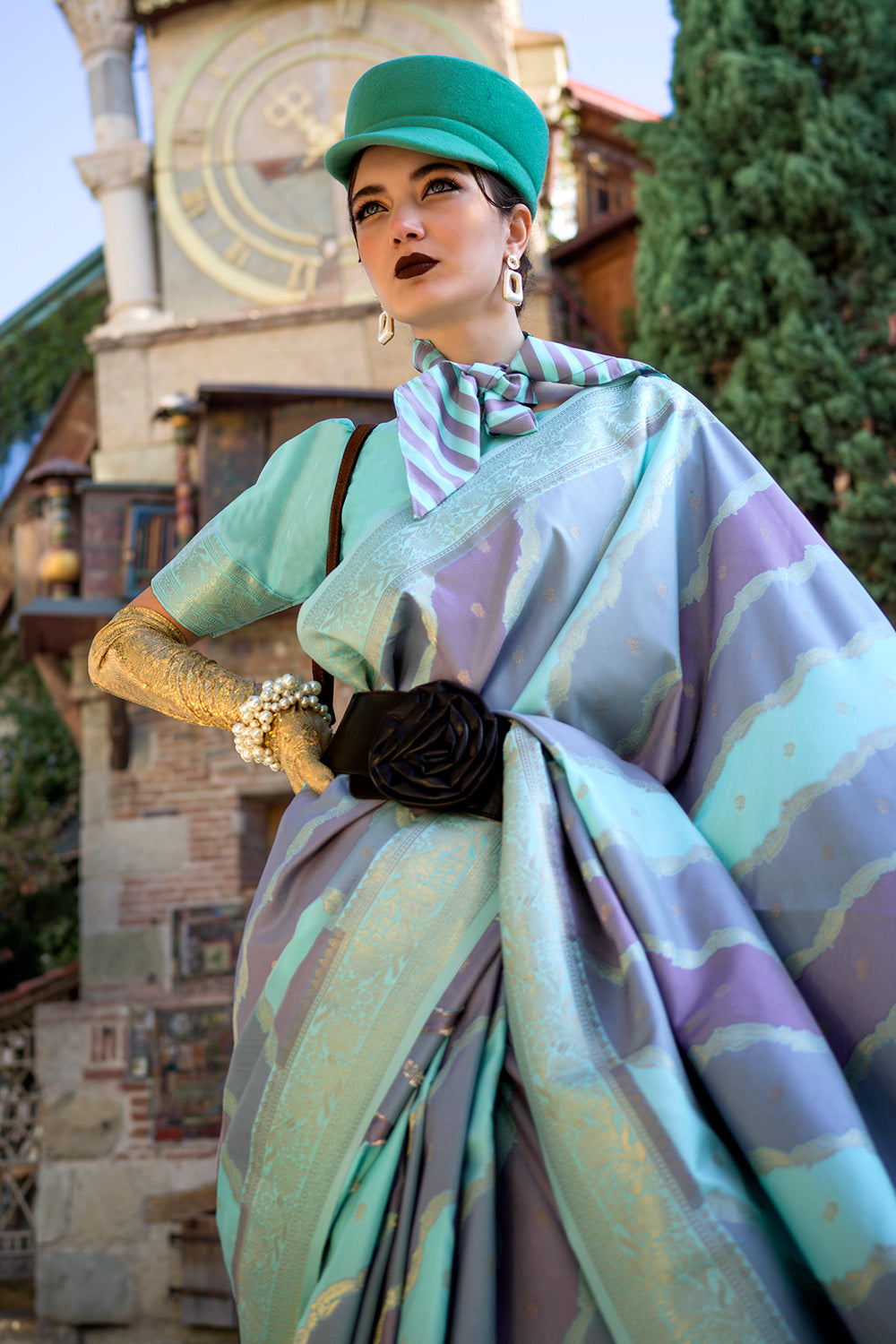 Multicolor Rangkaat Katan Saree With Green Blouse