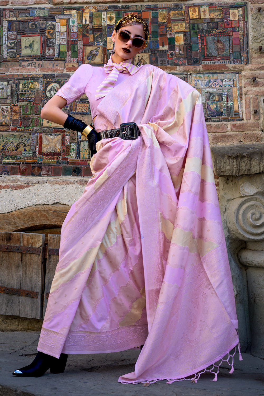 Multicolor Rangkaat Katan Saree With Lilac Blouse
