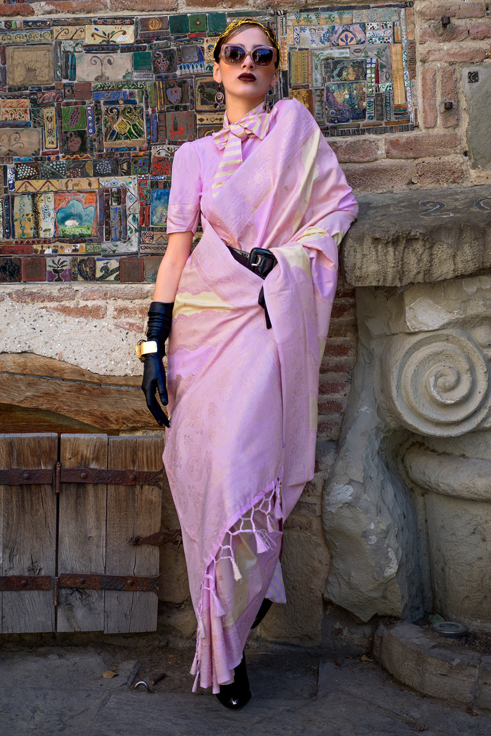 Multicolor Rangkaat Katan Saree With Lilac Blouse