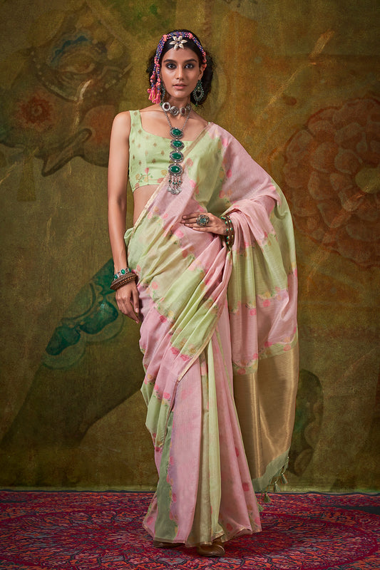 Green Pink Rangkaat Saree With Heavy Pallu And Blouse