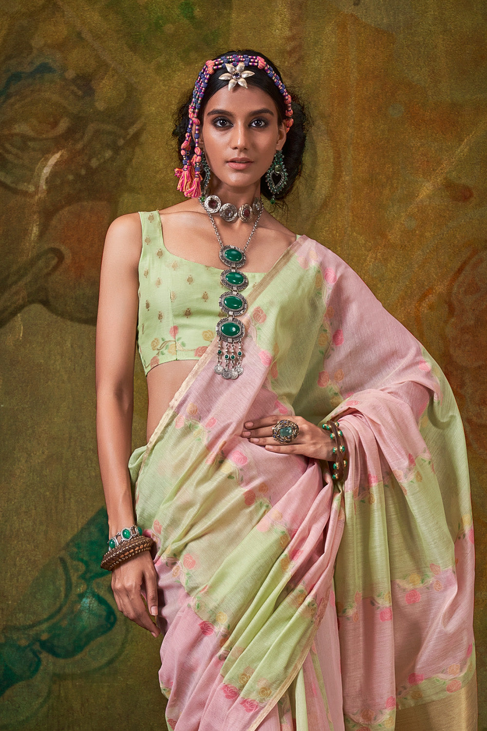 Green Pink Rangkaat Saree With Heavy Pallu And Blouse
