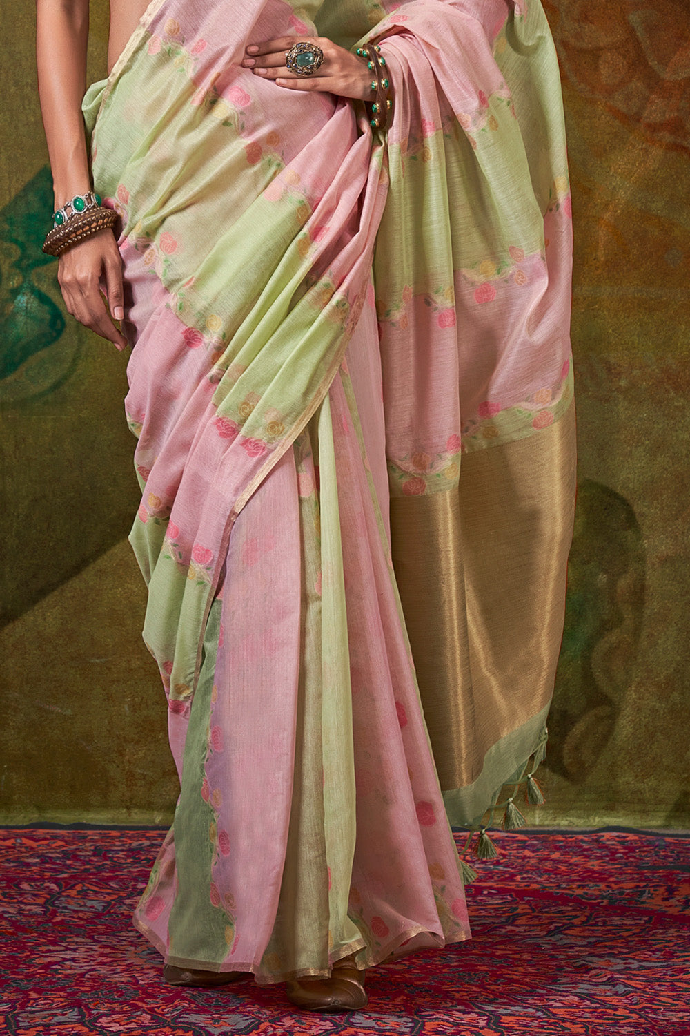 Green Pink Rangkaat Saree With Heavy Pallu And Blouse