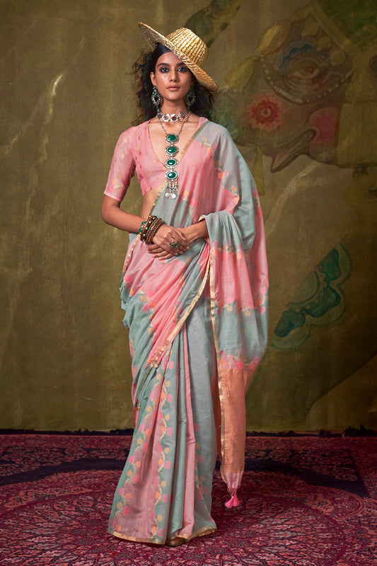 Pink Grey Rangkaat Saree With Heavy Pallu And Blouse