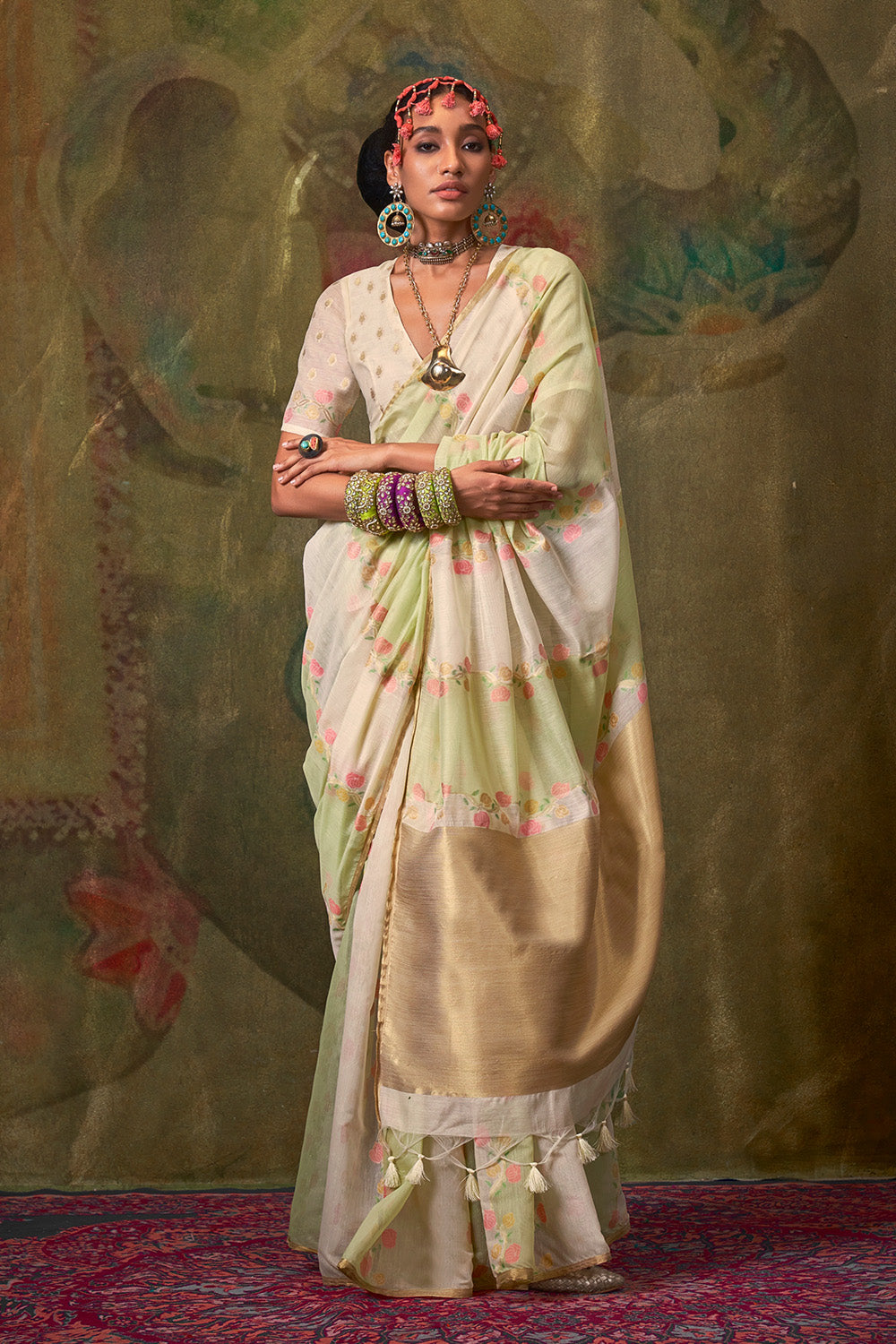 Green Beige Rangkaat Saree With Heavy Pallu And Blouse