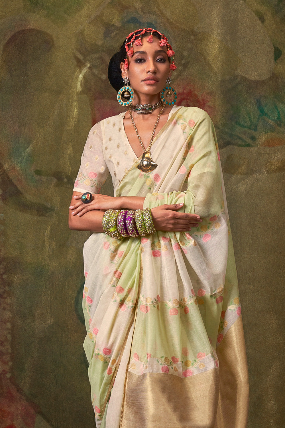 Green Beige Rangkaat Saree With Heavy Pallu And Blouse