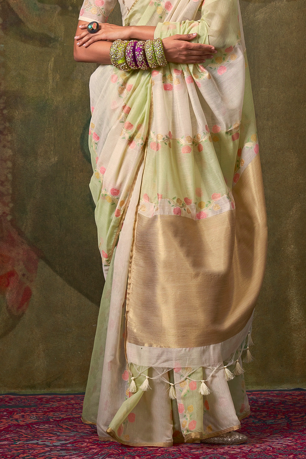 Green Beige Rangkaat Saree With Heavy Pallu And Blouse