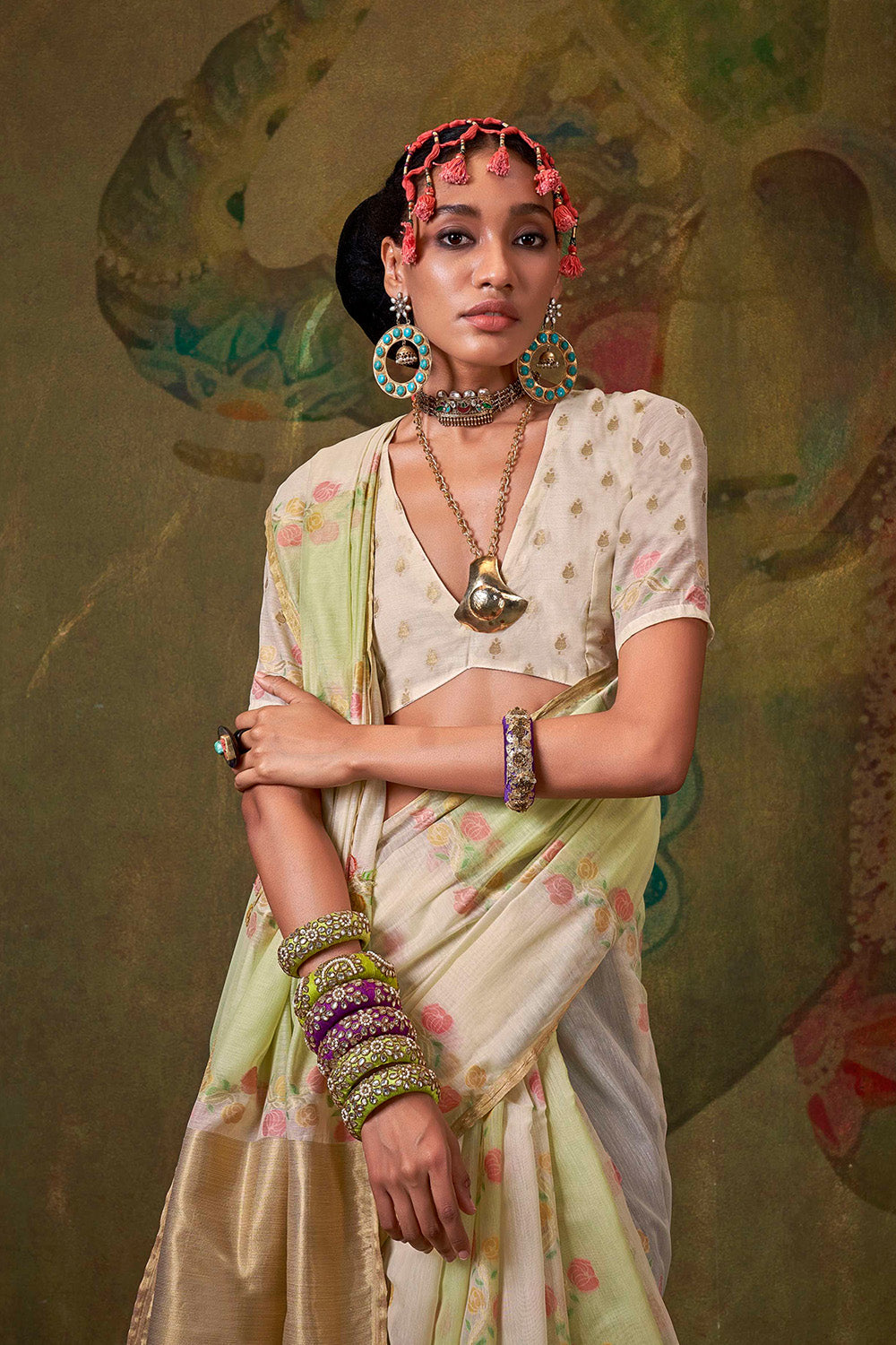 Green Beige Rangkaat Saree With Heavy Pallu And Blouse