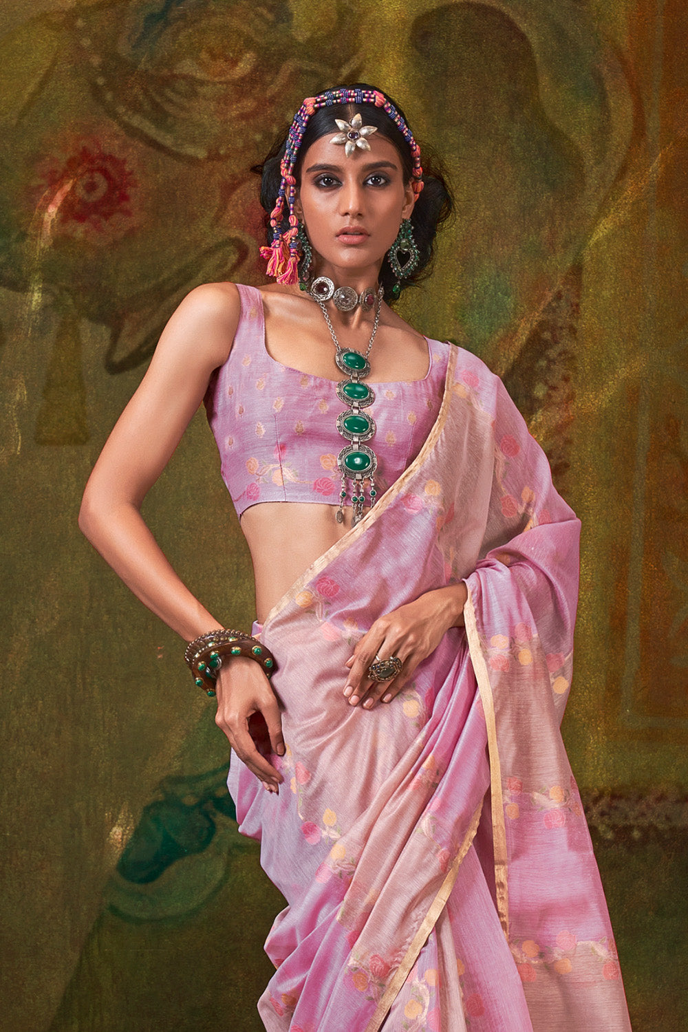 Pink Beige Rangkaat Saree With Heavy Pallu And Blouse