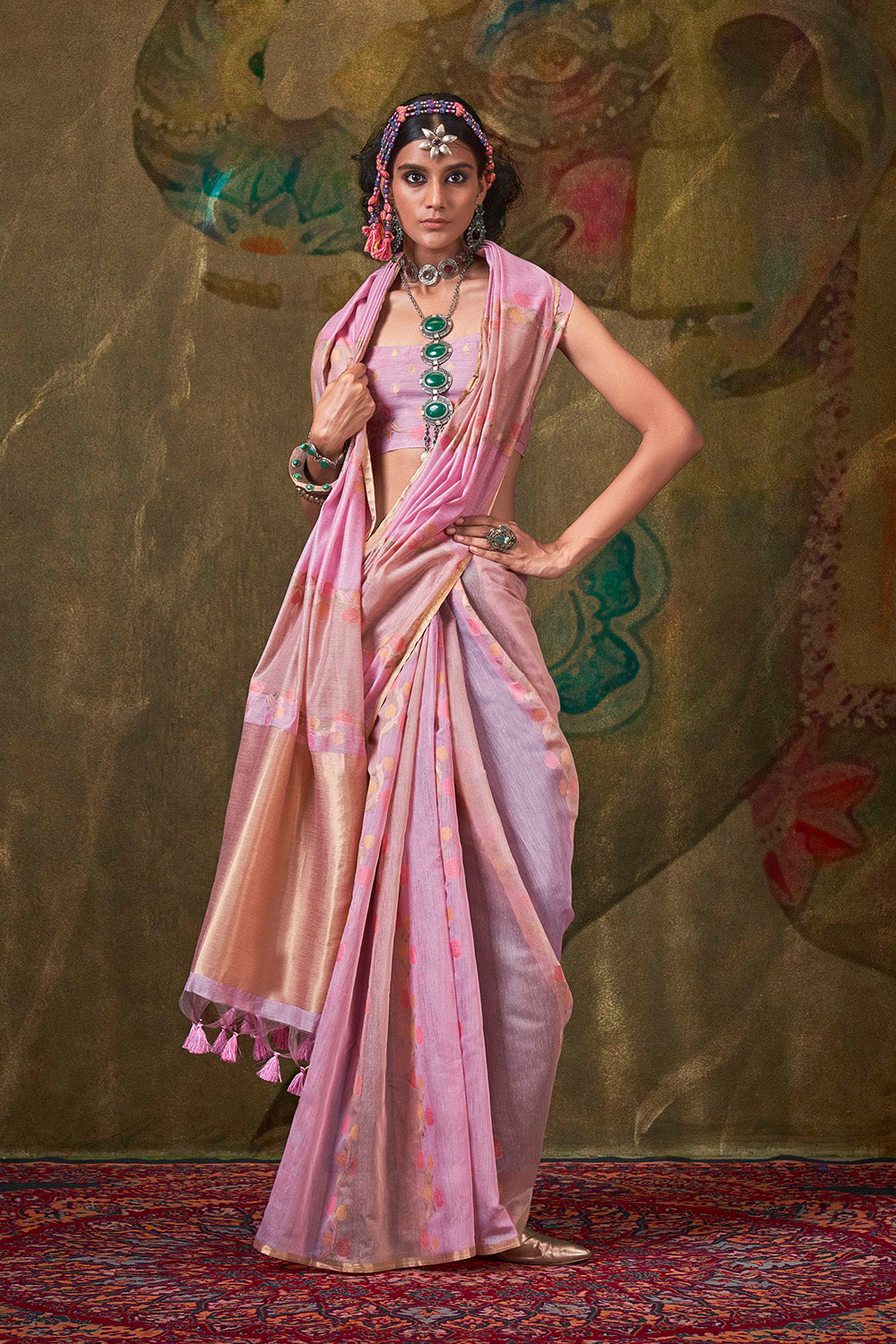 Pink Beige Rangkaat Saree With Heavy Pallu And Blouse