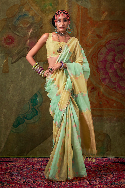 Yellow Green Rangkaat Saree With Heavy Pallu And Blouse