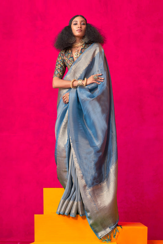 Blue Tissue Saree Embroidery And Position Print Blouse