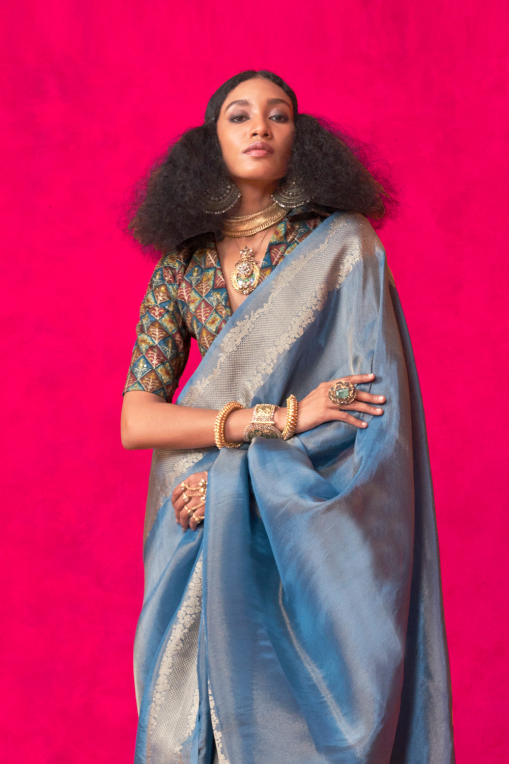 Blue Tissue Saree Embroidery And Position Print Blouse