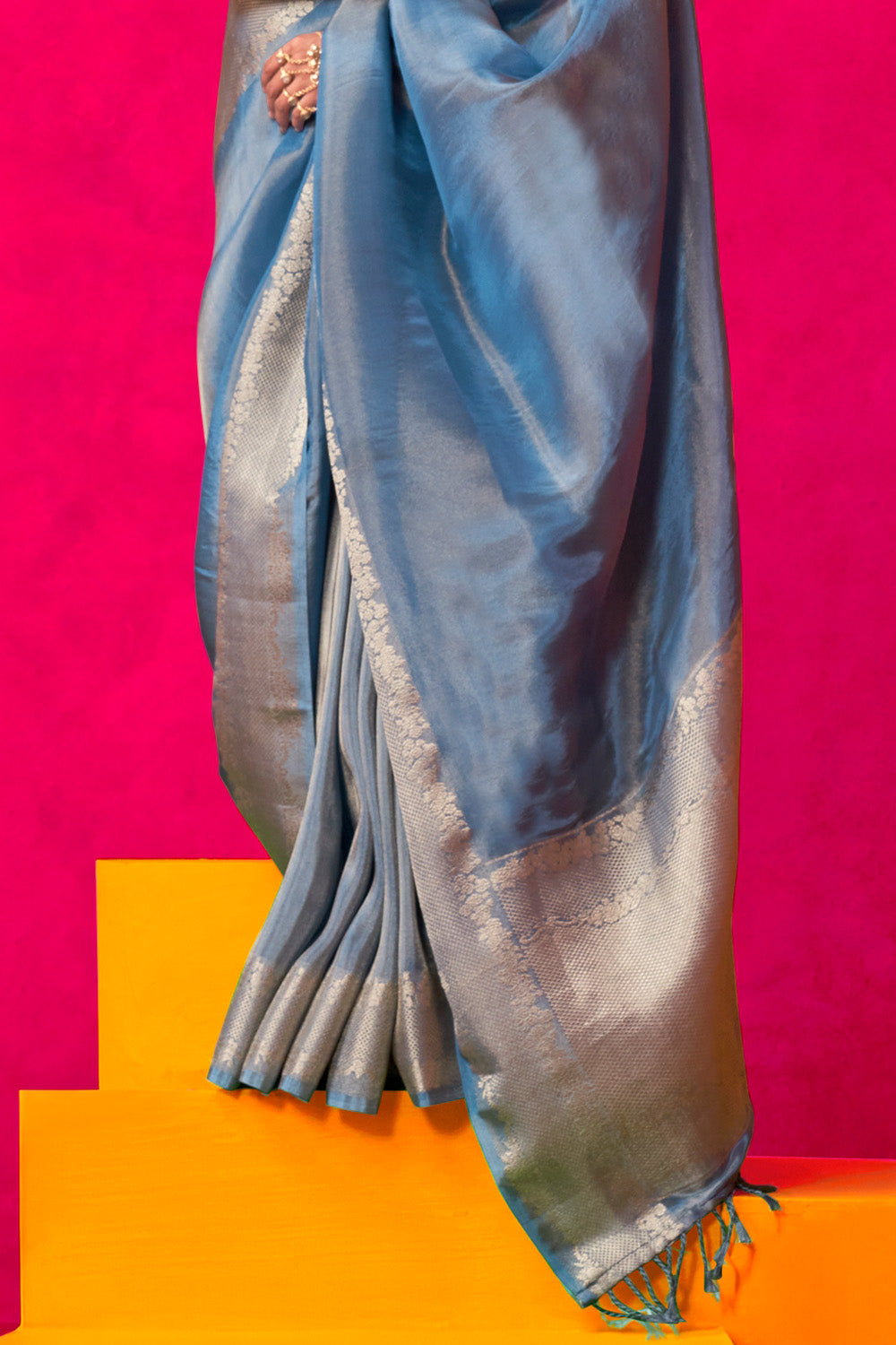 Blue Tissue Saree Embroidery And Position Print Blouse