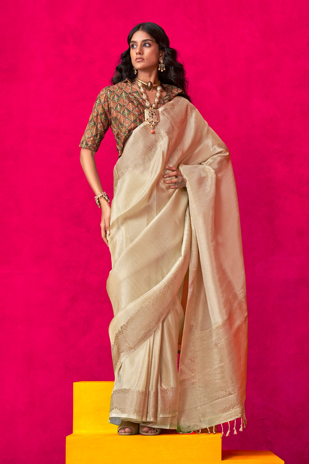 Beige Tissue Saree Embroidery And Position Print Blouse
