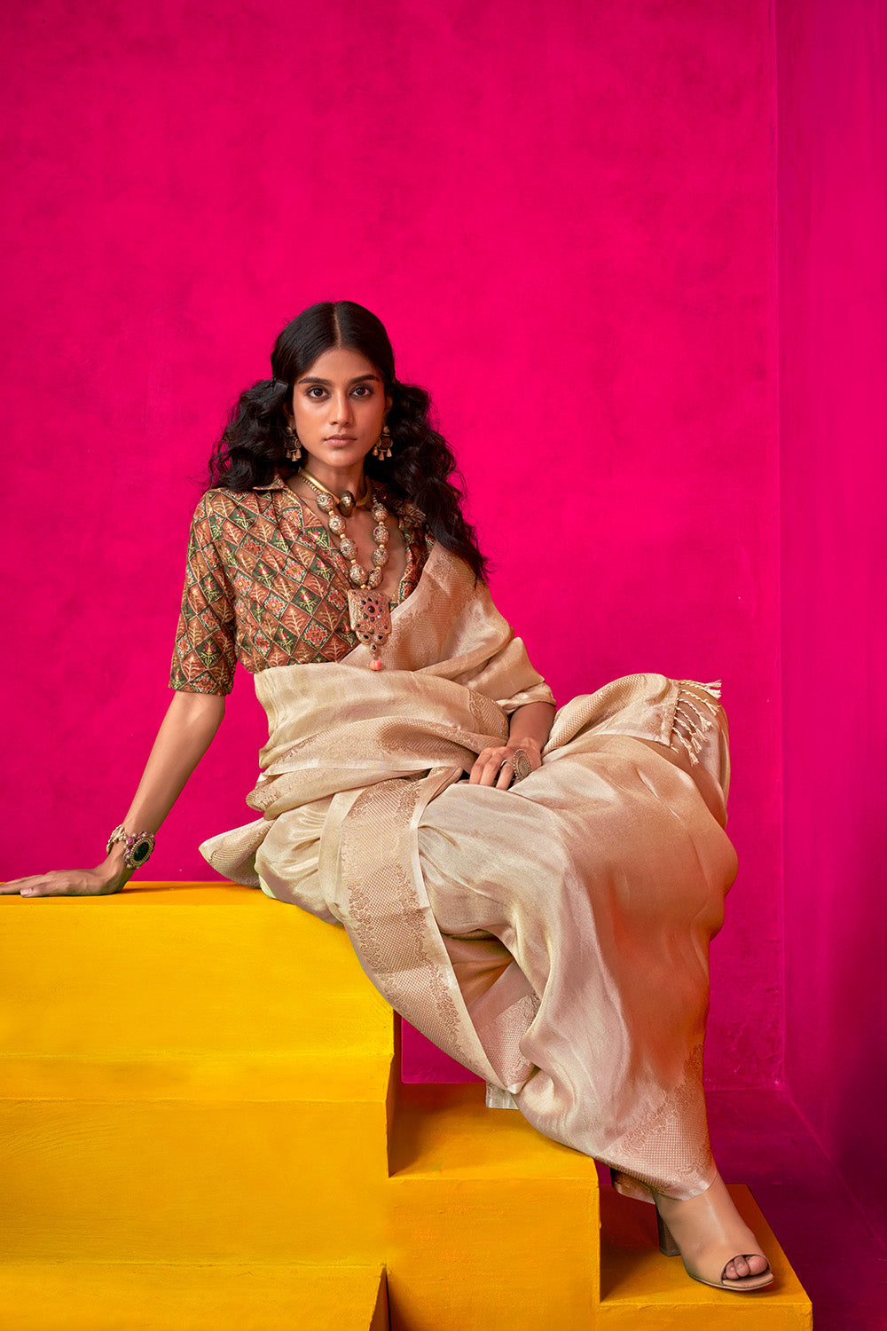 Beige Tissue Saree Embroidery And Position Print Blouse