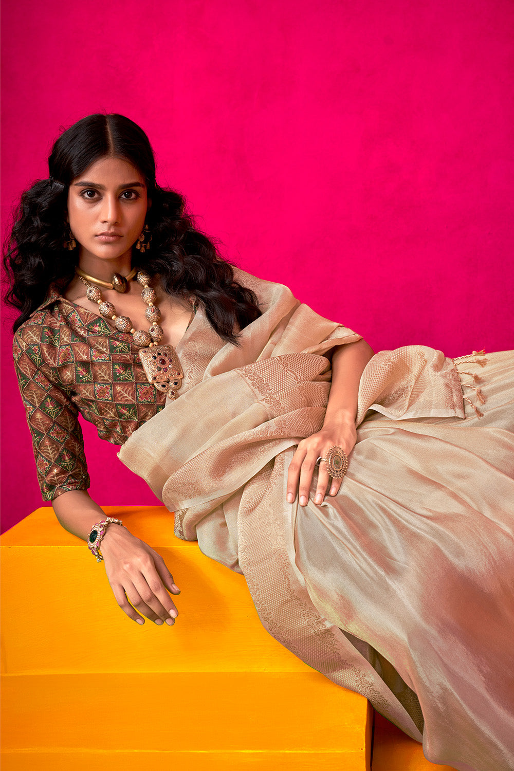Beige Tissue Saree Embroidery And Position Print Blouse