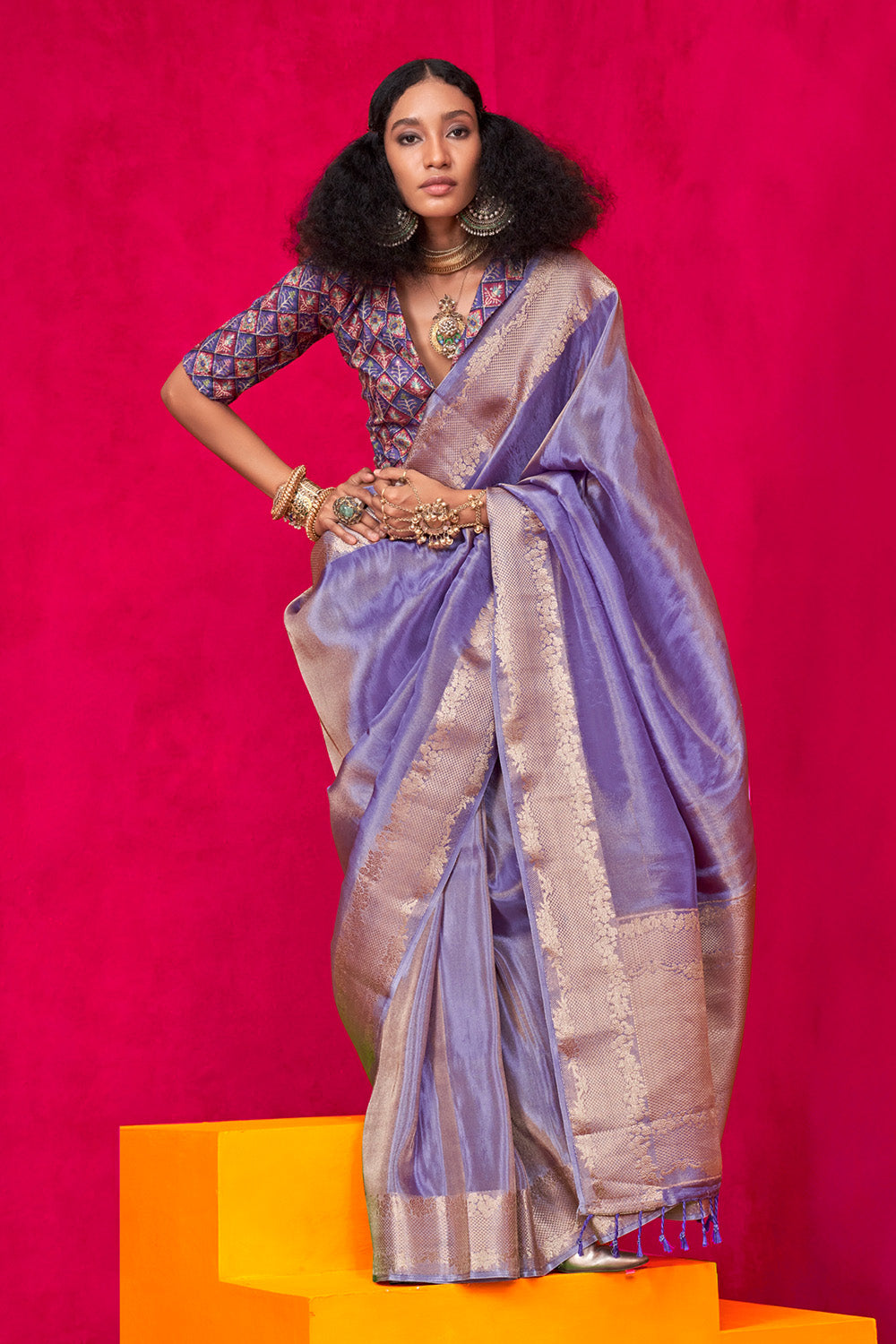 Lilac Tissue Saree Embroidery And Position Print Blouse
