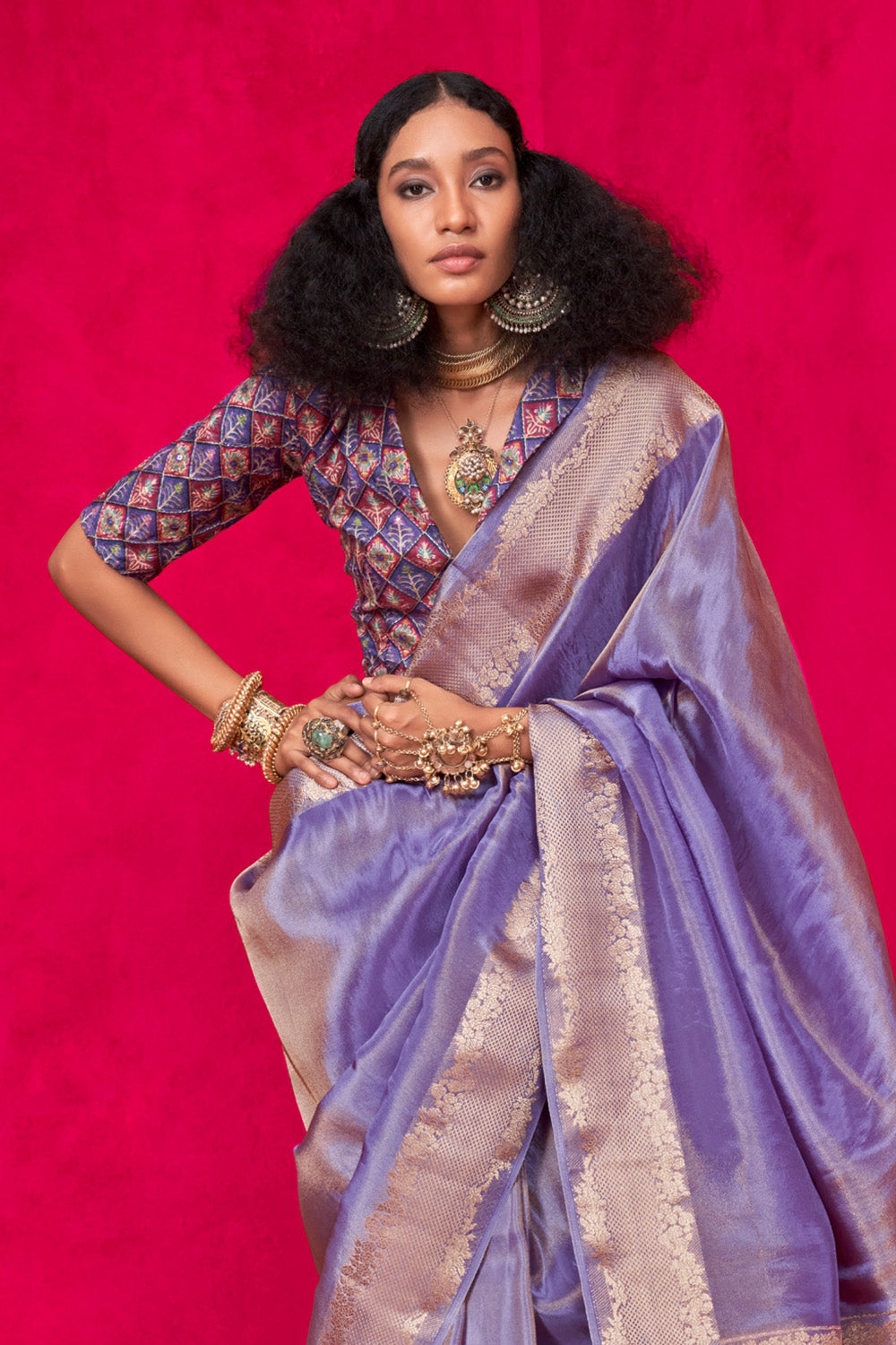 Lilac Tissue Saree Embroidery And Position Print Blouse