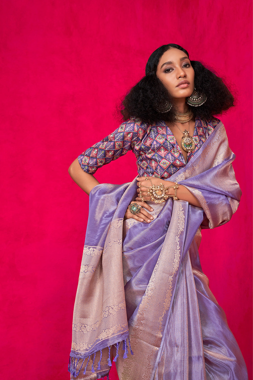 Lilac Tissue Saree Embroidery And Position Print Blouse