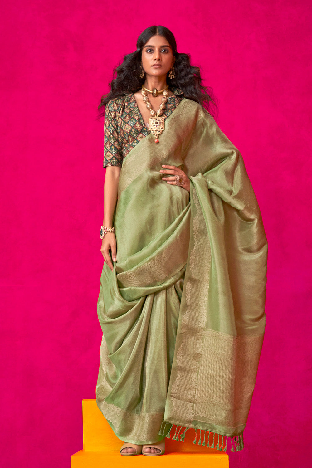 Green Tissue Saree Embroidery And Position Print Blouse