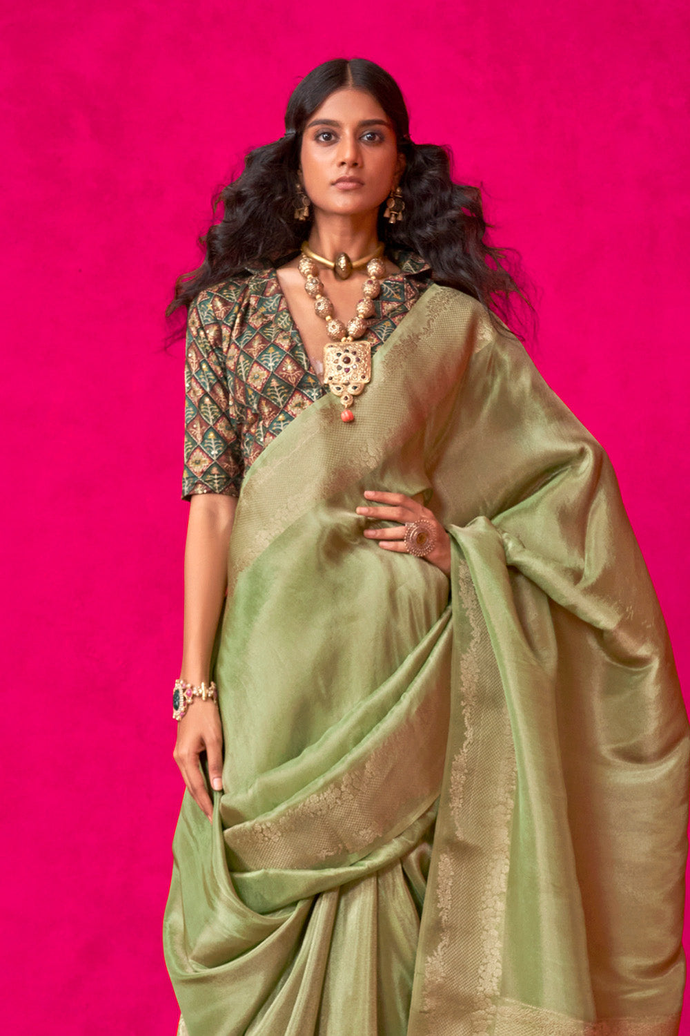 Green Tissue Saree Embroidery And Position Print Blouse