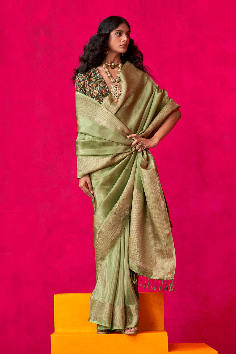 Green Tissue Saree Embroidery And Position Print Blouse