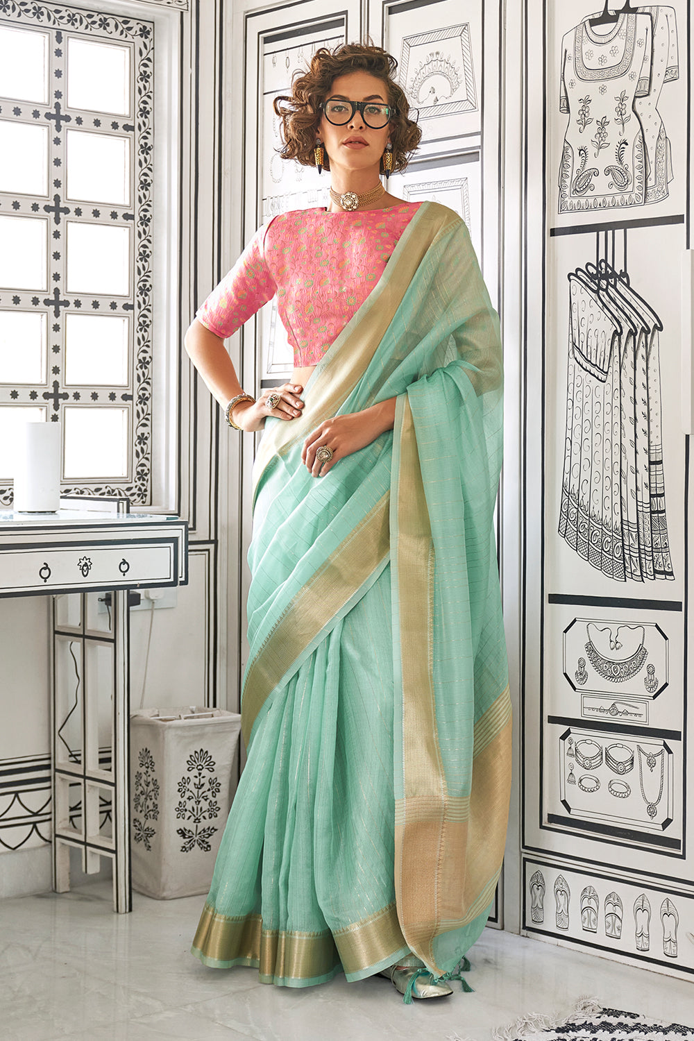 Sea Green Solid Moss Chiffon Jaquard Saree With Blouse
