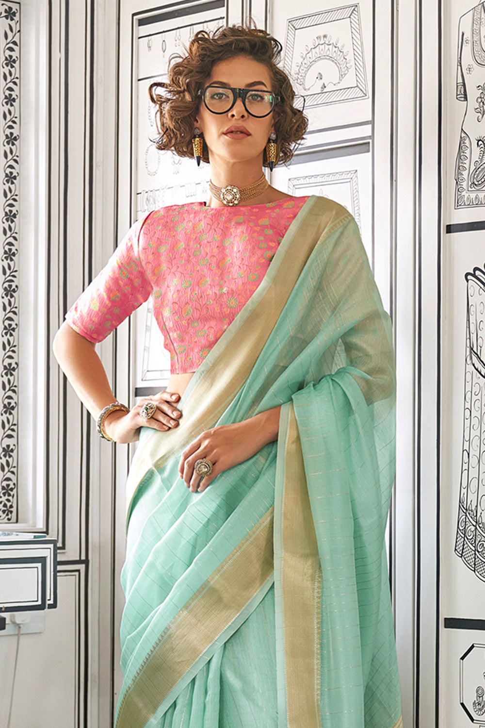 Sea Green Solid Moss Chiffon Jaquard Saree With Blouse