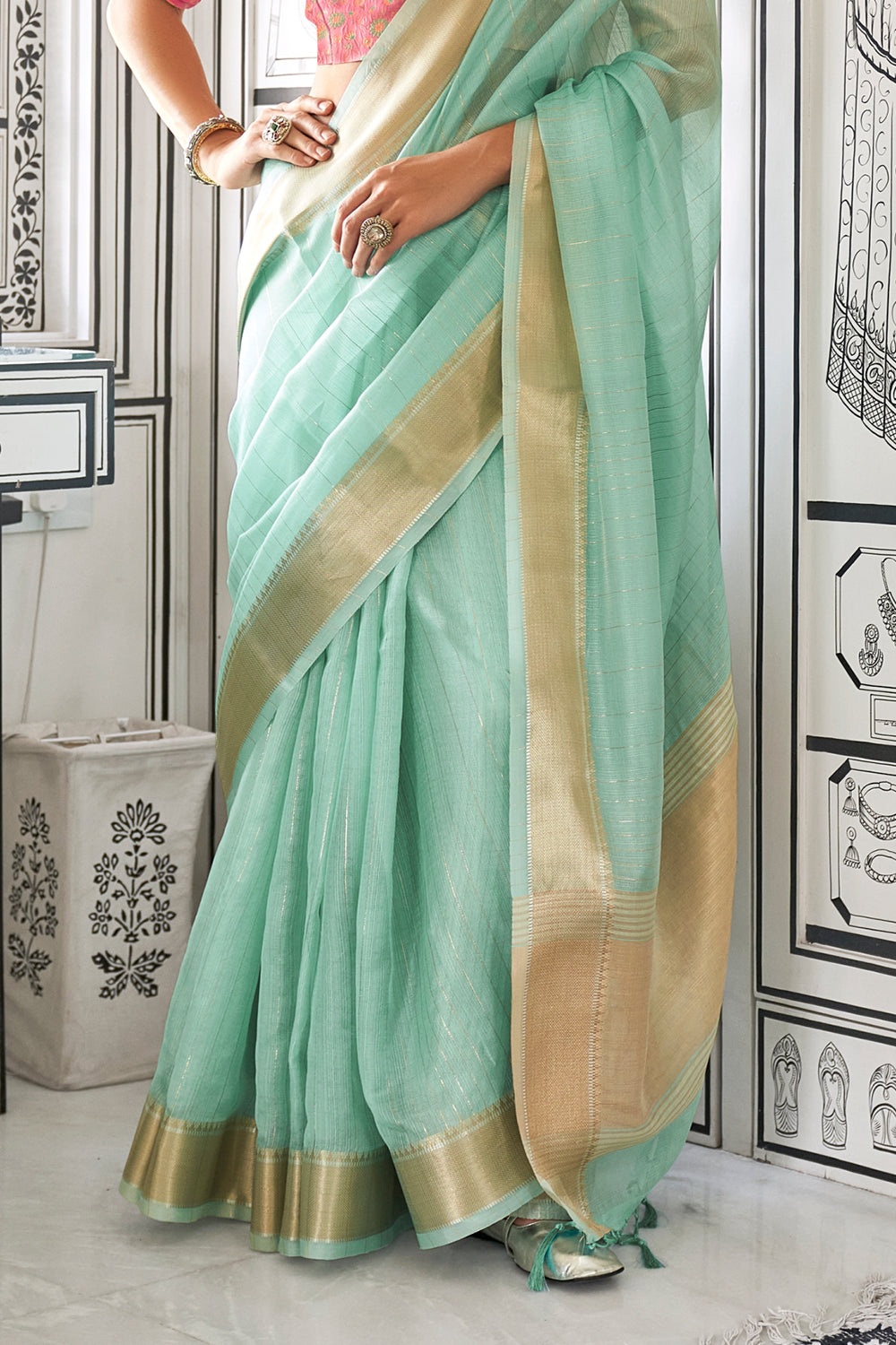 Sea Green Solid Moss Chiffon Jaquard Saree With Blouse