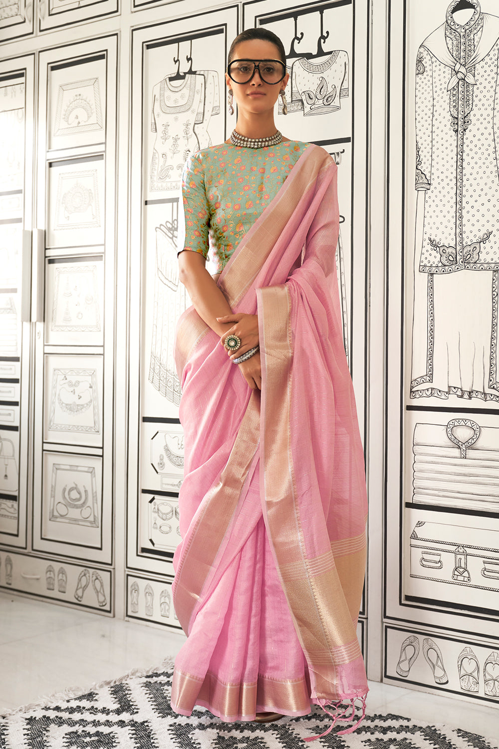 Light Pink Solid Moss Chiffon Jaquard Saree With Blouse