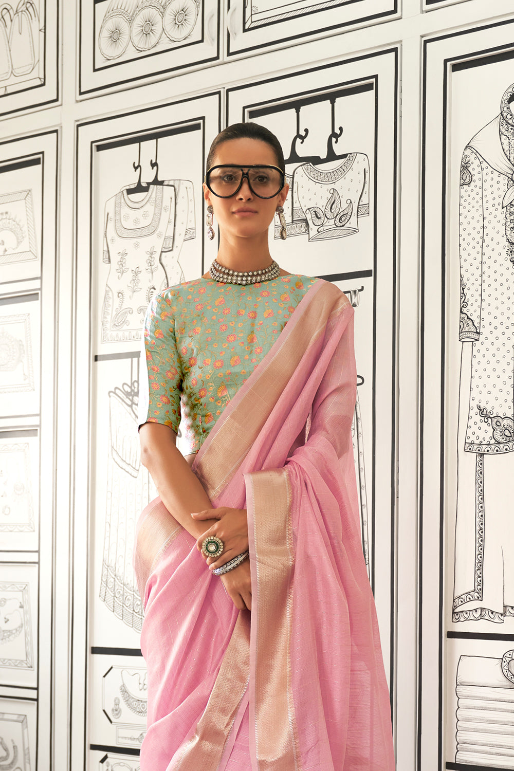 Light Pink Solid Moss Chiffon Jaquard Saree With Blouse