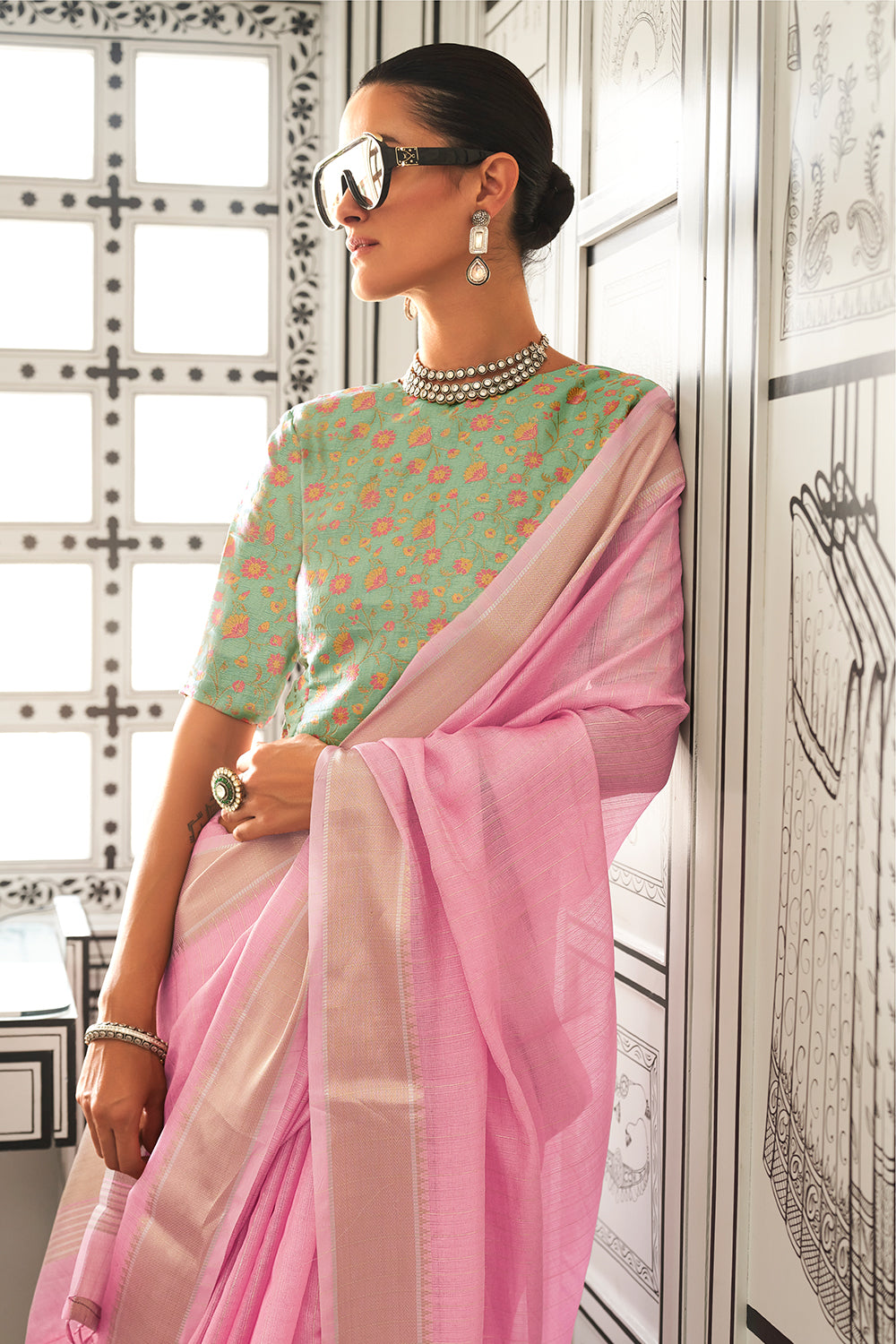 Light Pink Solid Moss Chiffon Jaquard Saree With Blouse