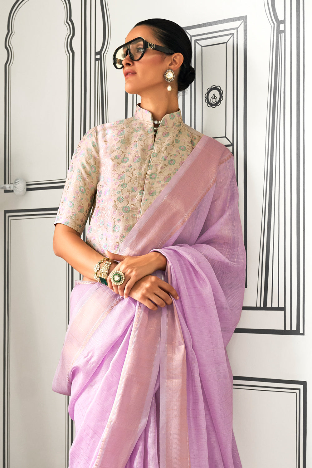 Lilac Solid Moss Chiffon Jaquard Saree With Blouse
