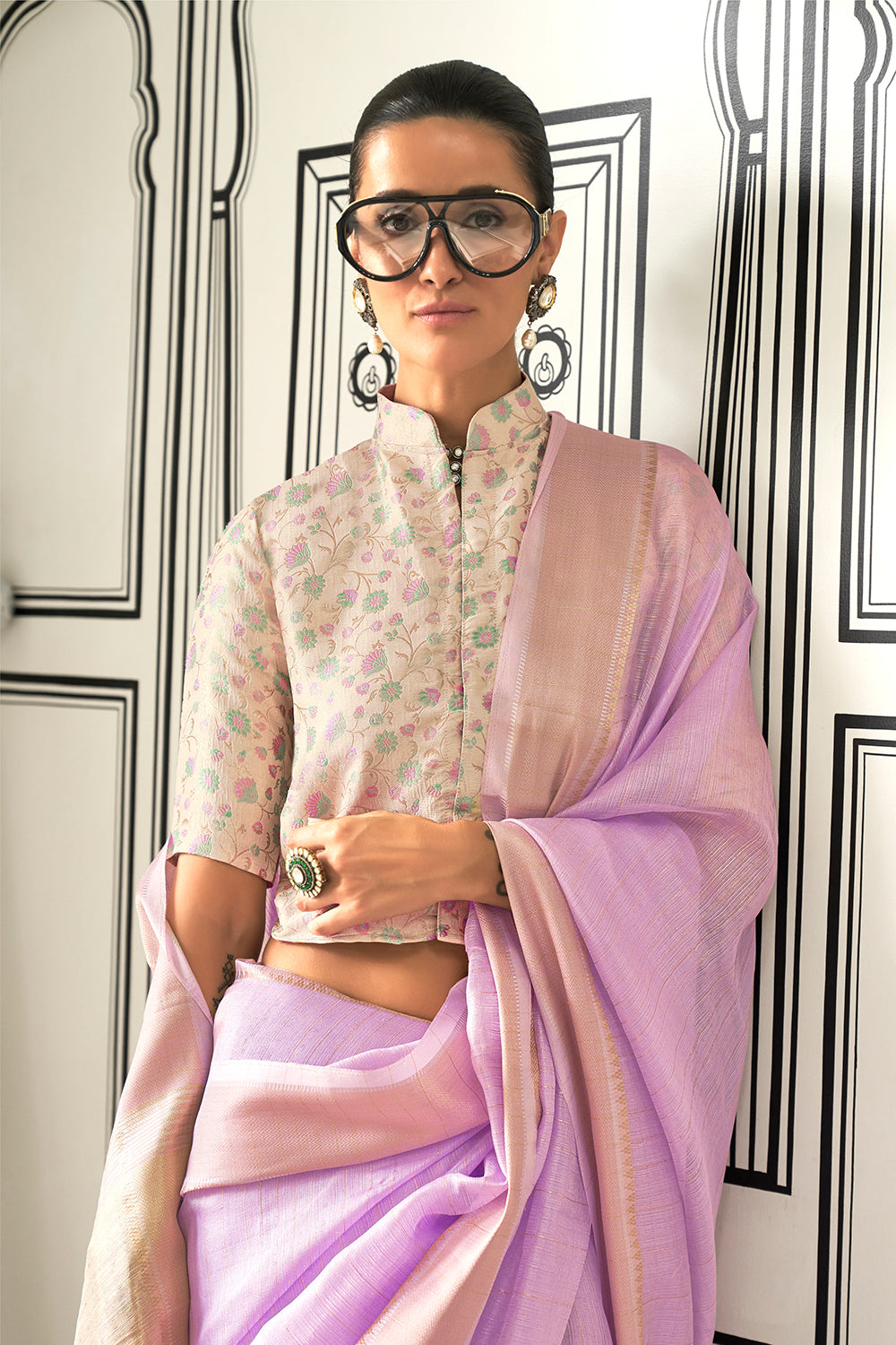 Lilac Solid Moss Chiffon Jaquard Saree With Blouse