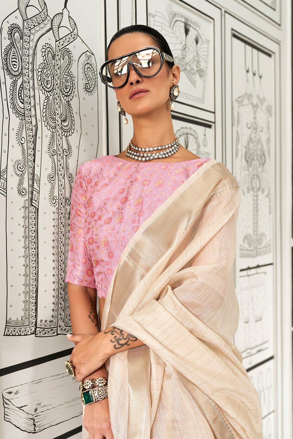 Beige Solid Moss Chiffon Jaquard Saree With Blouse