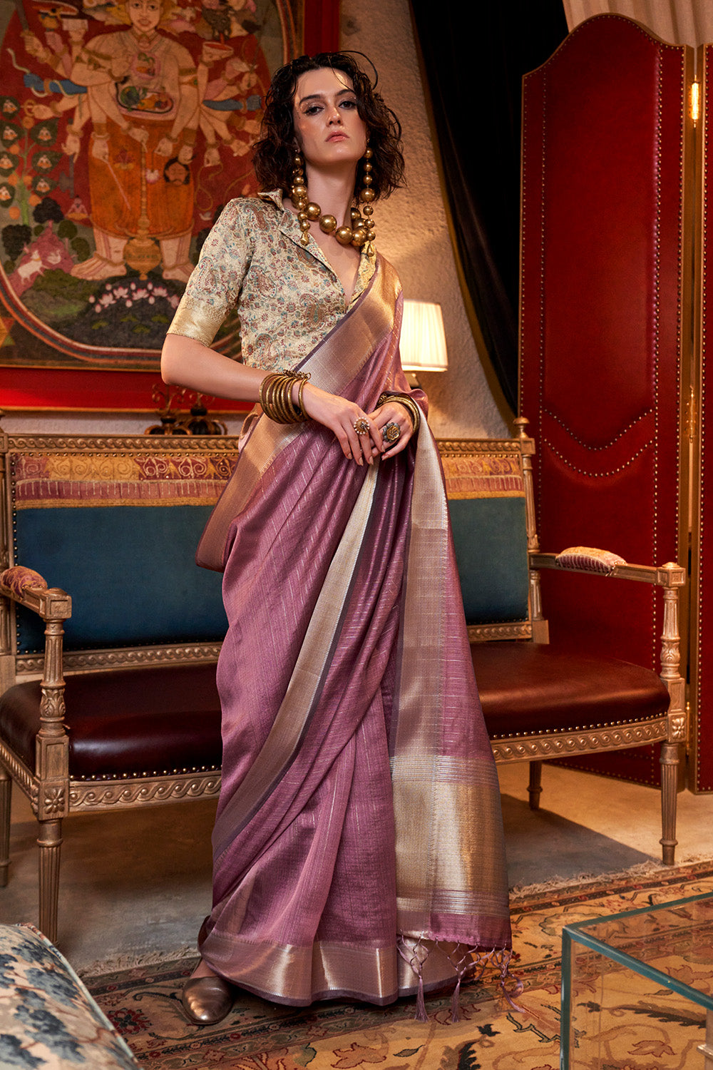 Dusky Pink Banarasi Georgette Saree With Blouse