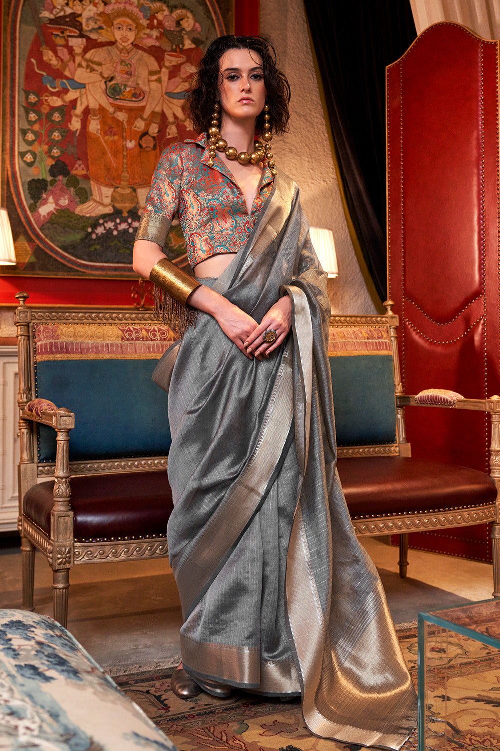 Grey Banarasi Georgette Saree With Jacquard Blouse