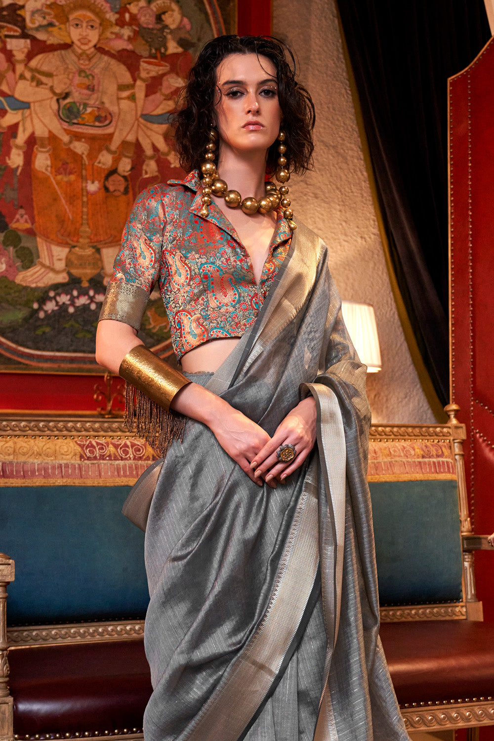 Grey Banarasi Georgette Saree With Jacquard Blouse