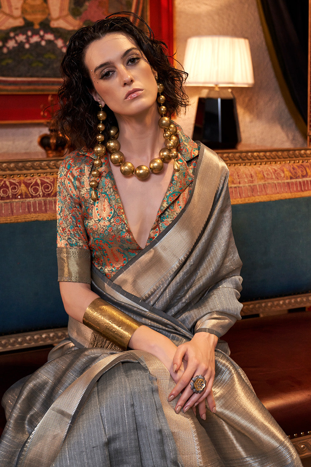 Grey Banarasi Georgette Saree With Jacquard Blouse